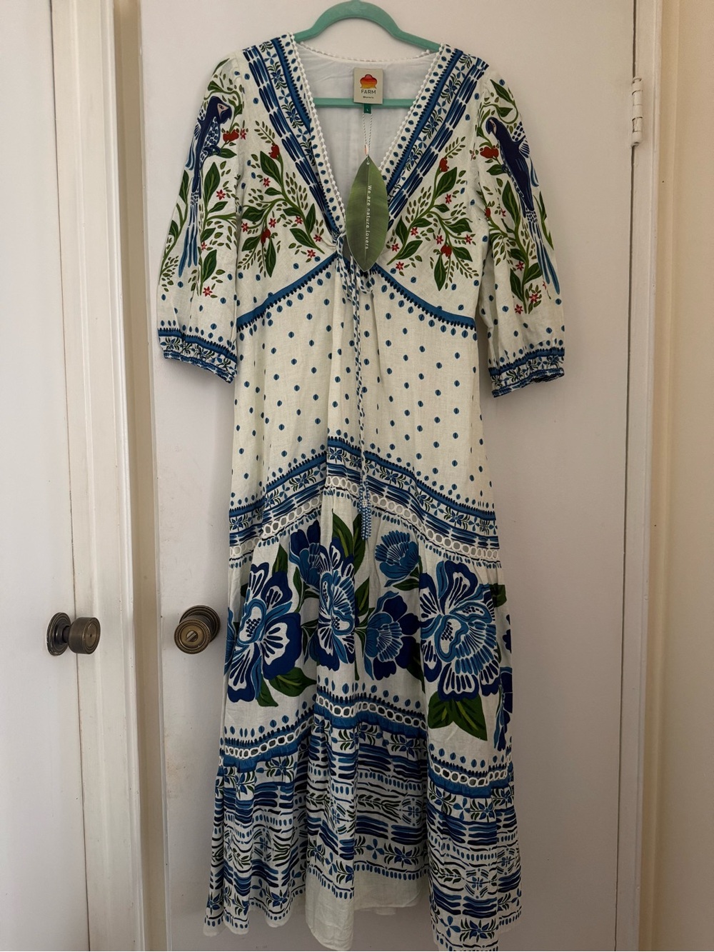 FARM Rio White Maxi Dress with Blue Floral & Green Leaf Motif - Picture 2 of 7